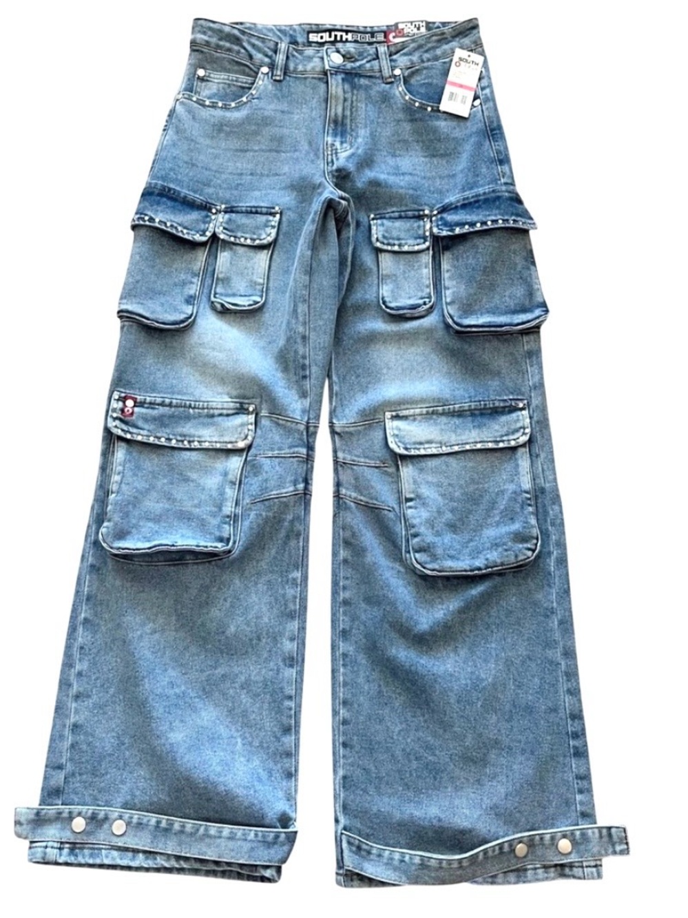 Southpole Y2K Rhinestone Studded Jeans 9 Cargo Pockets Wide Leg Baggy Skater NWT